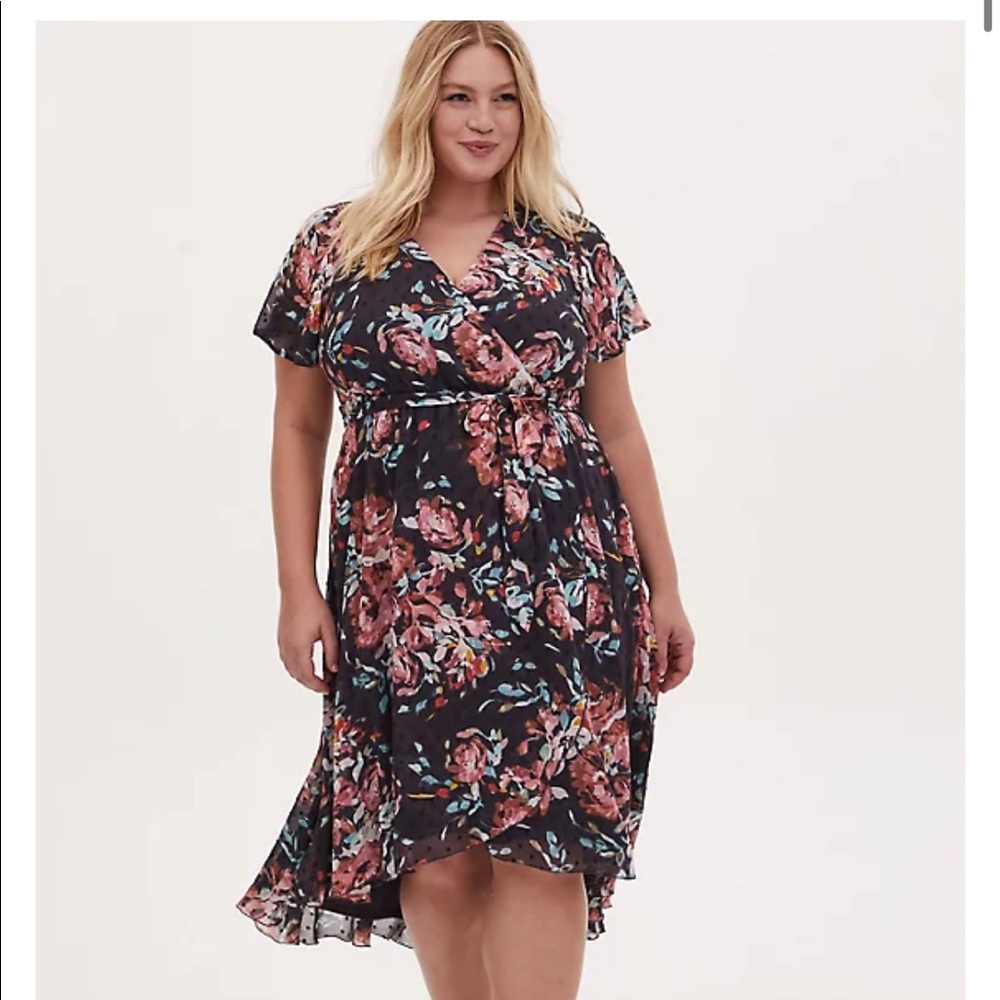NWT - FAUX WRAP DRESS - SWISS DOT FLORAL DARK GREY